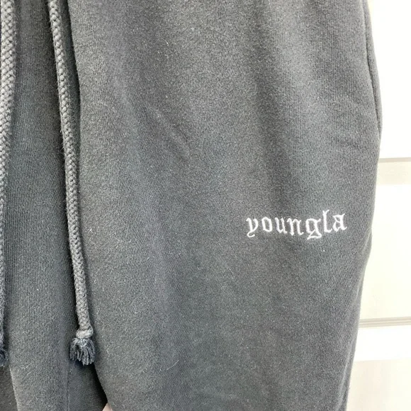 YoungLA Sweatpants Fleece Drawstring Pockets Small Black Bottoms Have Been Cut - Picture 2 of 6